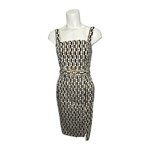 Monteau Cream Black‎ Geometric Smocked Sleeveless Sheath Retro Dress Medium NEW